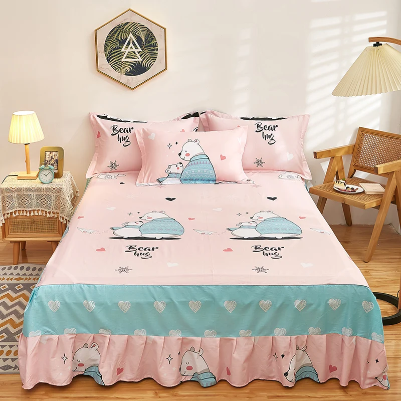 Kawaii Bear Rabbit Bed Skirt 100% Cotton Cartoon Bedskirt 3 Side Coverage Drop Dust Ruffle,3 Piece 1 Bed Sheet & 2 Pillowcases