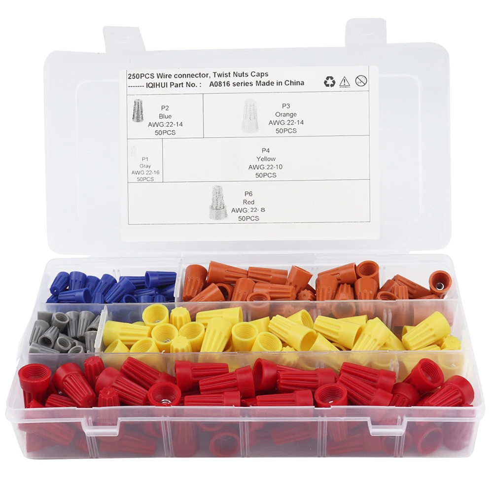 

250pcs Wire Connector Set Spring Insert Crimp Connectors Electrical Reusable PVC Insulating Suitable Various Gauges