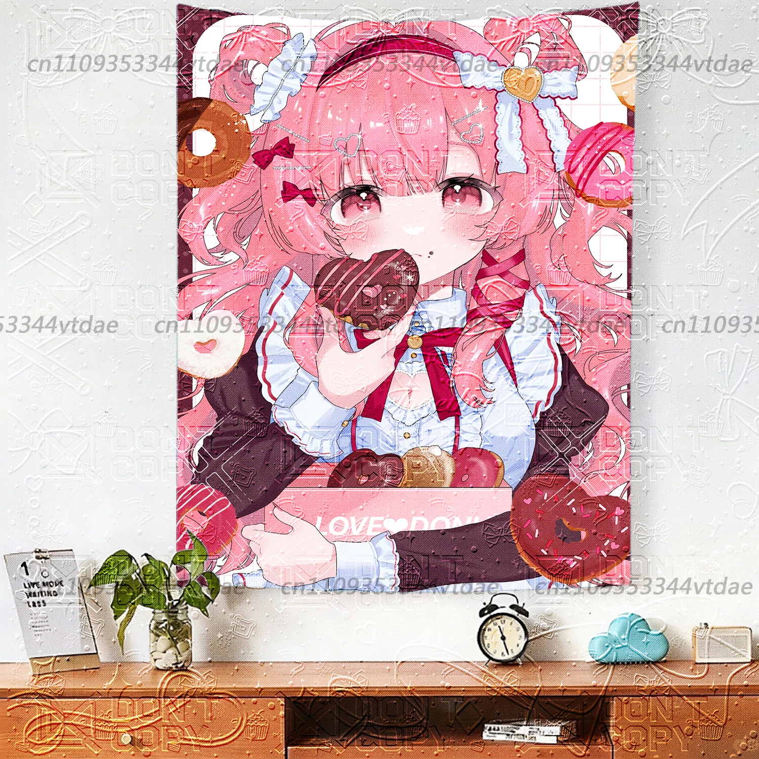 Cute Pink Donut Anime Tapestry Kawaii Sweet Girl Wall Decor, Ins Style Dorm Bedroom Background Cloth Aesthetic Home Decoration