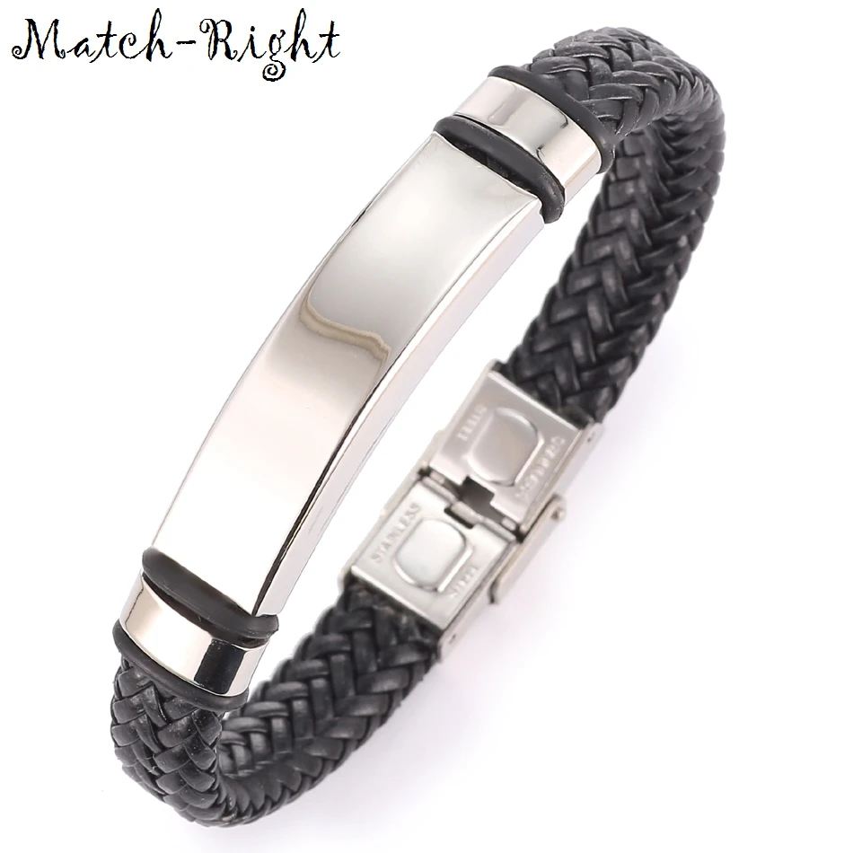 Match-Right Men's Leather Bracelets Metal Bracelet Cuff for Men Stainless Steel Bracelets Smooth Bangles Men's Wristband BR012