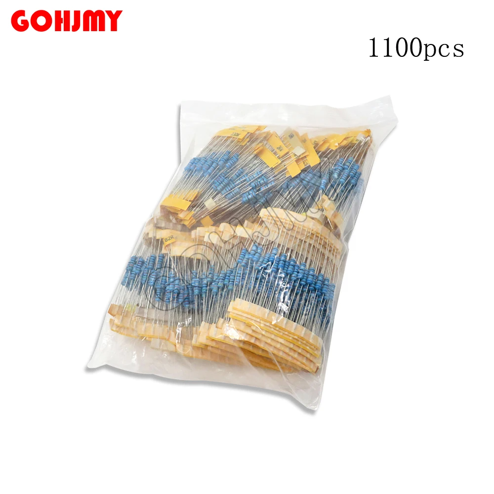 1100pcs 1/2W 1M 1R 2.2R 3.3R Metal Film Resistor Assorted Kit  4.7R 100R 100K 470K 10M 1M 2M ohms Metal Film Resistors Set