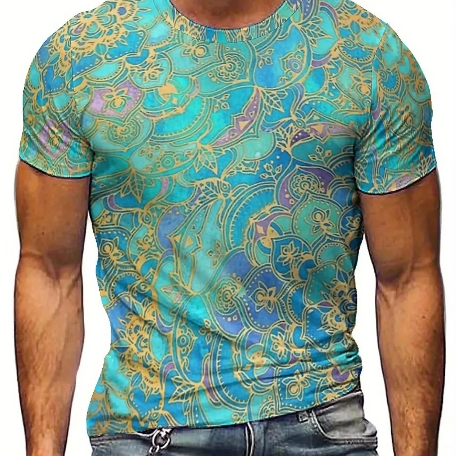Camiseta masculina plus size com estampa 3D – tecido de poliéster macio e confortável, leve e respirável, azul vibrante e geométrico dourado