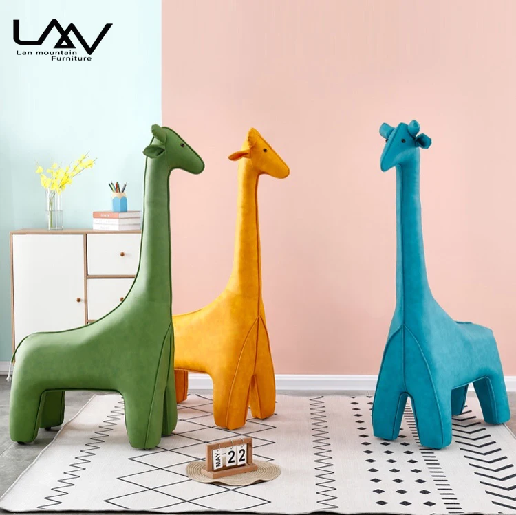 Hot Sale Living Room Leather Cartoon Stool Children Giraffe Animal Shape Ottoman Soft Stool