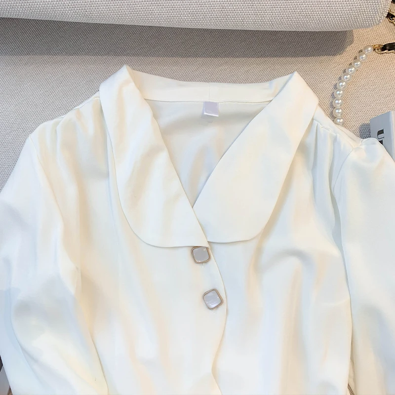 تصميم فاخر غير متناظرة طية صدر السترة كم طويل قميص المرأة أنيقة الفرنسية موضة بلوزة بيضاء الخريف الكورية شيك مكتب القمم جديد #4