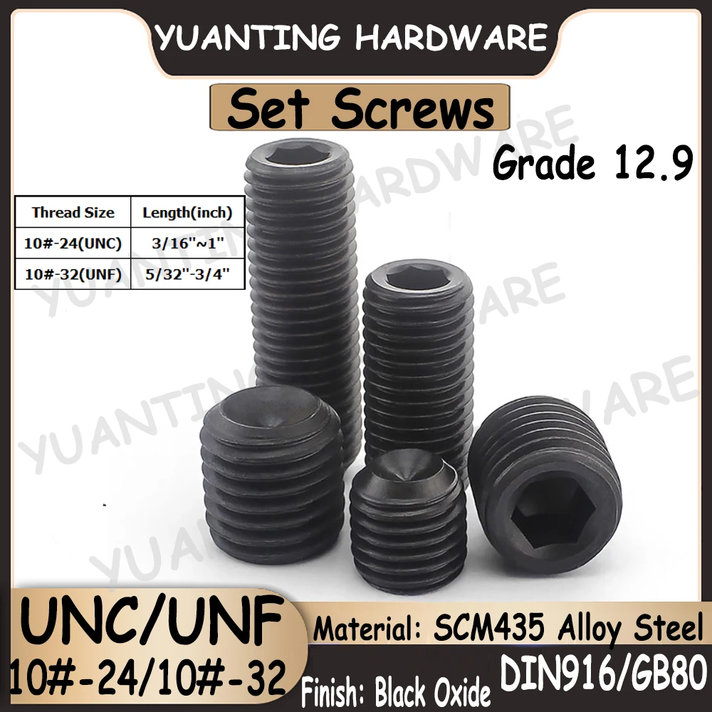 

20Pcs 10#-24(UNC) 10#-32(UNF) DIN916 GB80 Grade 12.9 SCM435 Alloy Steel Hexagon Socket Set Screws with Cup Point Headless Screws