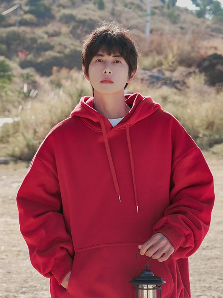 

Red Loose Fit Hoodie for Men Spring Autumn Trendy Brand American Heavyweight Youth Casual Outerwear Couple Jaets