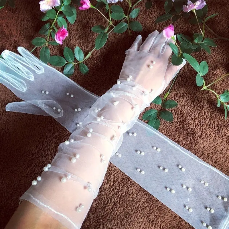 Guantes de novia de malla con cuentas de perlas, accesorios de boda blancos, cubierta de brazo, guante de encaje para novia elegante