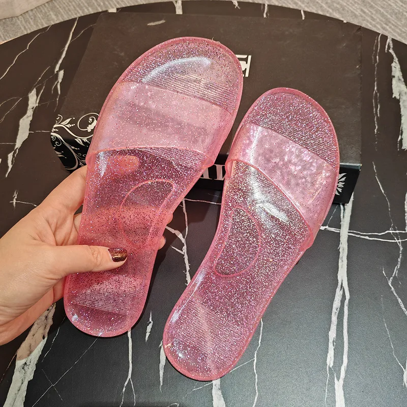 Women's Flat Bottom Slippers 2026 New Outdoor Bathroom Bath Home Universal Crystal Transparent Simple Fashion Sandals