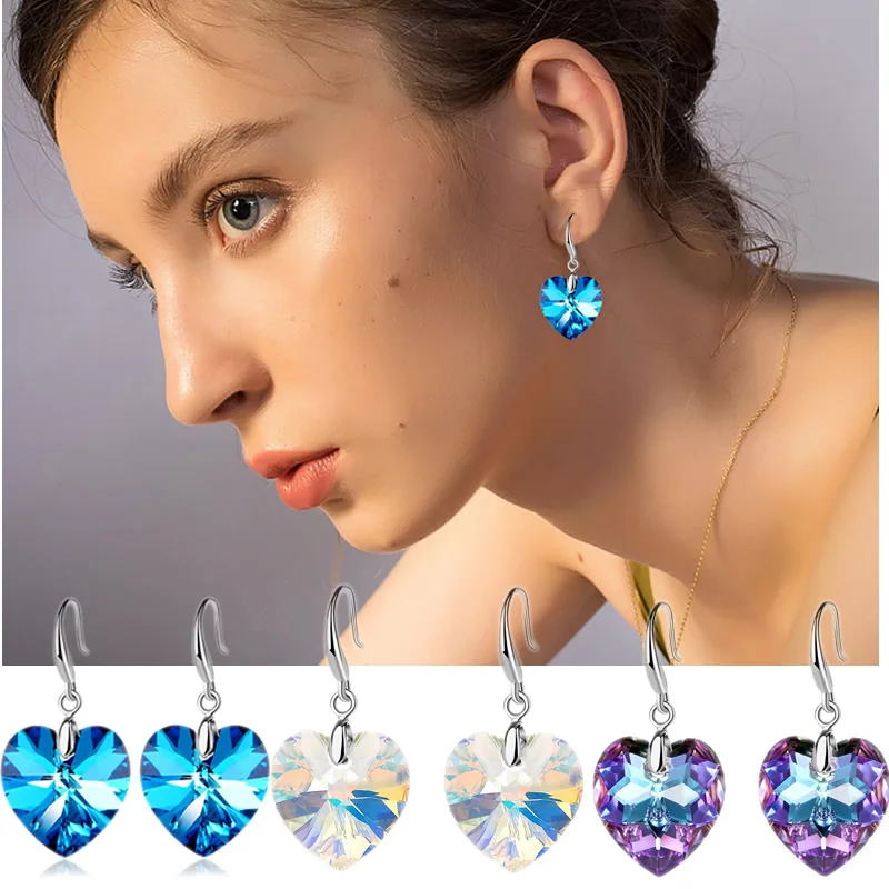 Korean Fashion 6 Colors Heart Glass Pendant Earrings for Women Colorful Peach Heart Crystal Jewelry Clip on Heart Earrings