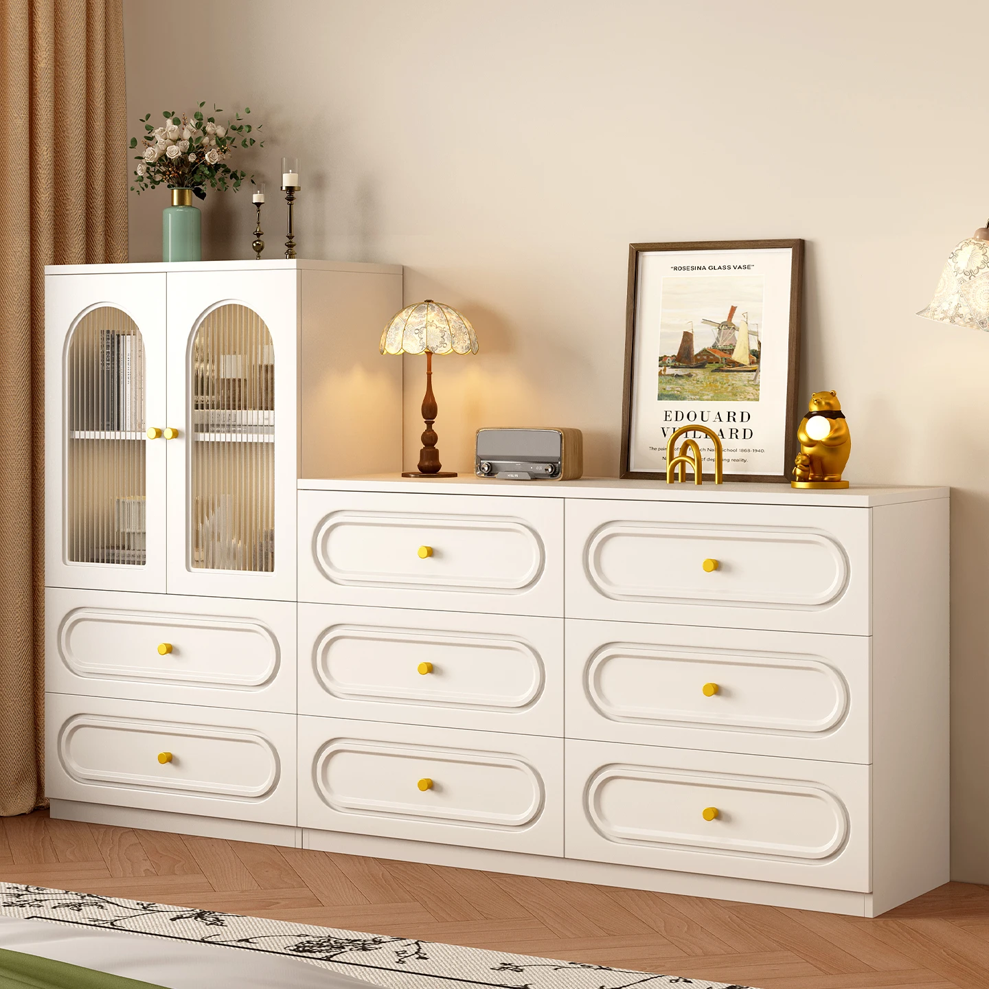 French retro Douna bedroom bed five buckets combination cream wind floor drawer small book
