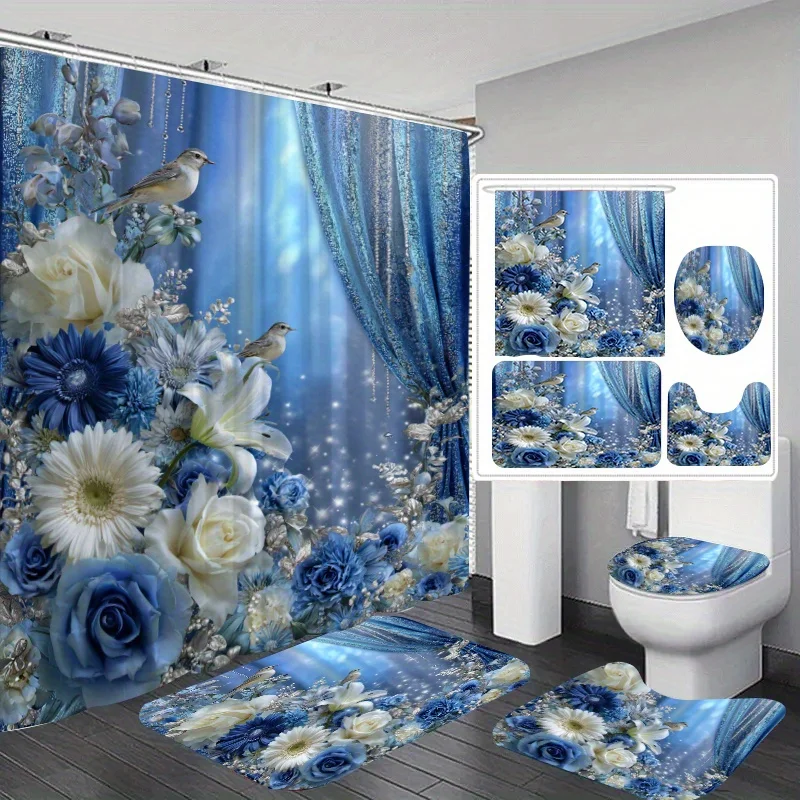 

4pcs Blue And White Flower Bird Dream Window Printed Shower Curtain Set, Ring Multi Size, Decorative Bathroom Set Includes