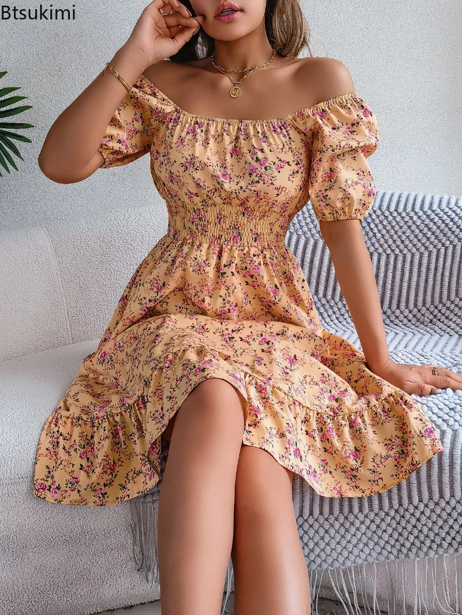 2025 여성 봄 여름 우아한 플로럴 드레스 패션 플로럴 프린트 반팔 스퀘어넥 러플 엣지 A라인 드레스