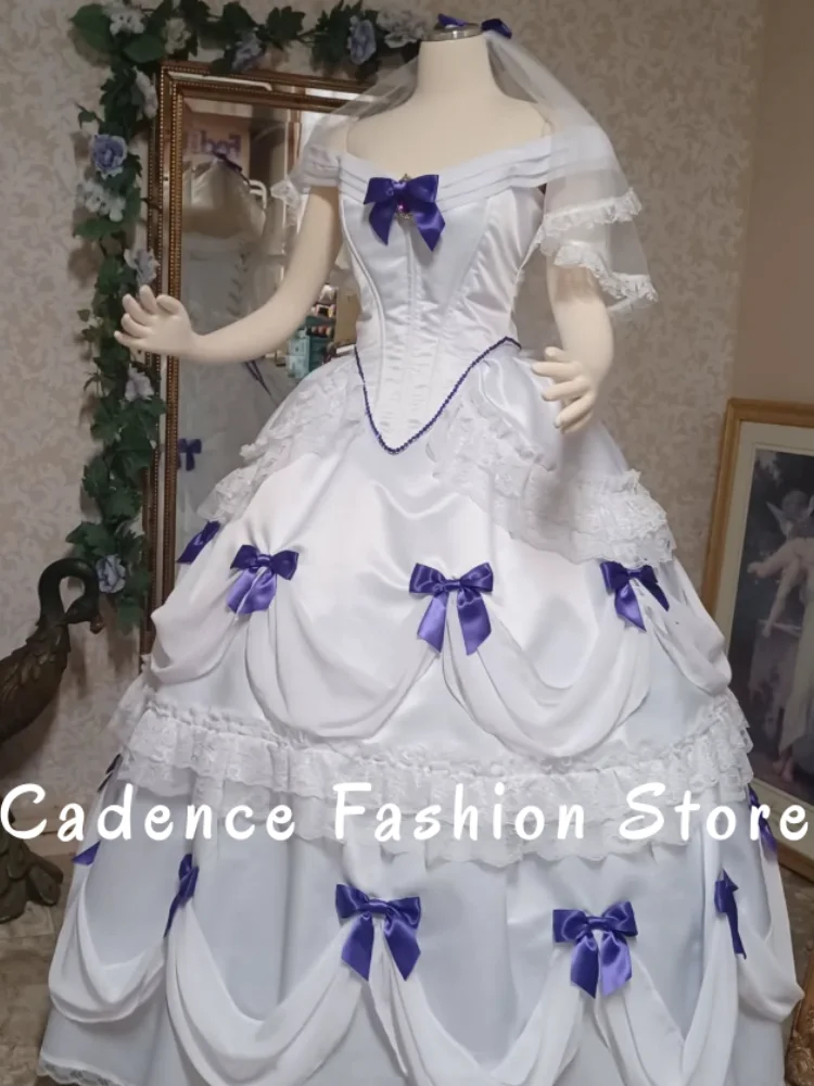 Abito da sposa bianco rinascimentale personalizzato con fiocco sulla spalla in pizzo impreziosito da abiti da sposa fantasia a-line fino al pavimento