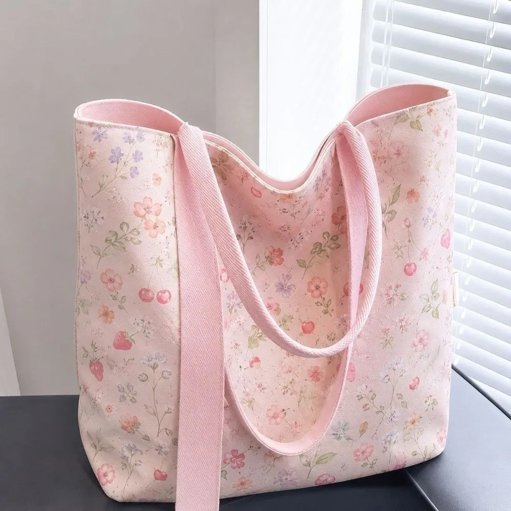 Portable Floral Canvas Tote Bag Reusable Large Capacity Commute Handbag Lightweight Shopping Bag For Work