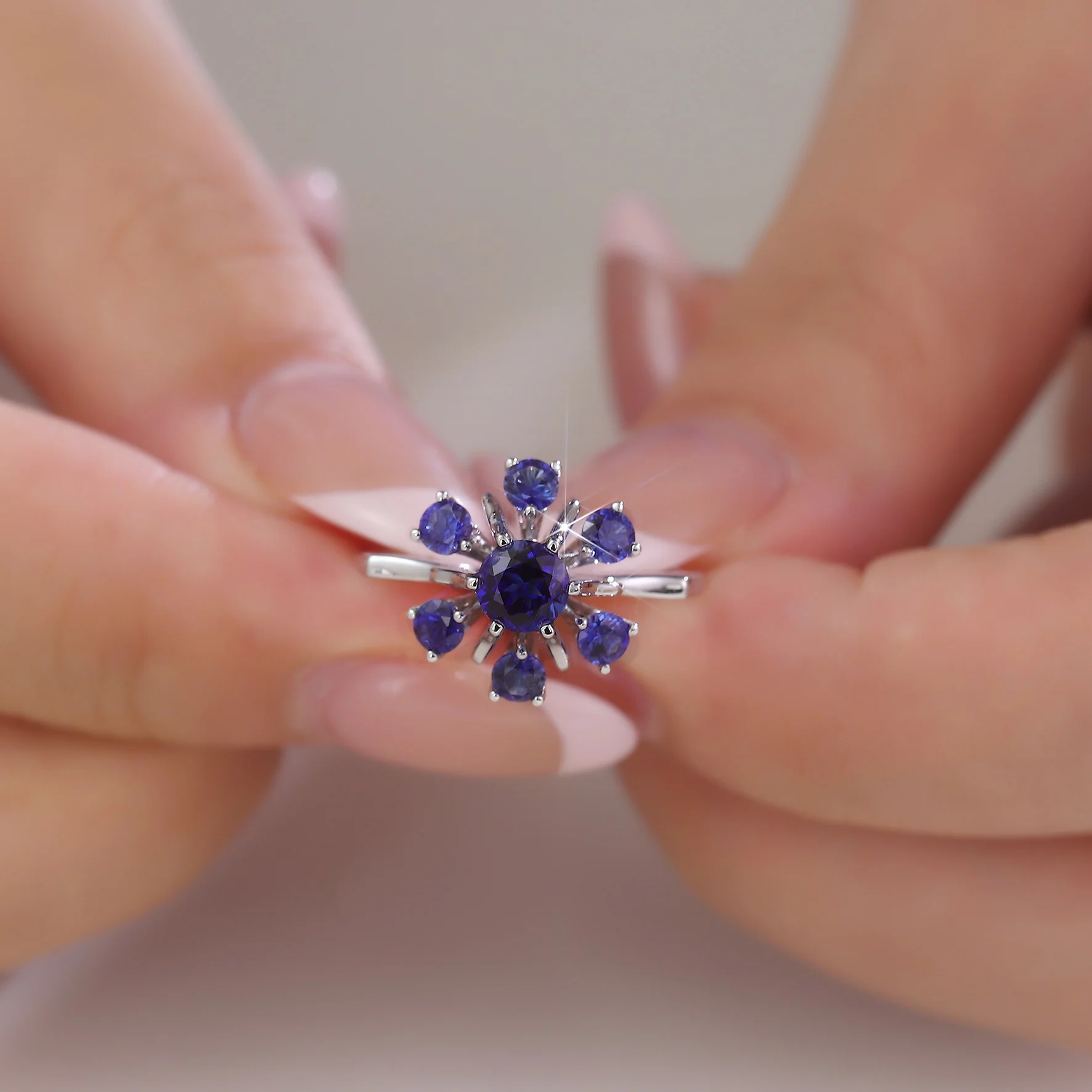 Cincin Kawin Provence untuk Wanita 14K Emas Padat Biru Lab Batu Permata Cincin Bunga Ulang Tahun Pertunangan Kustom Pribadi