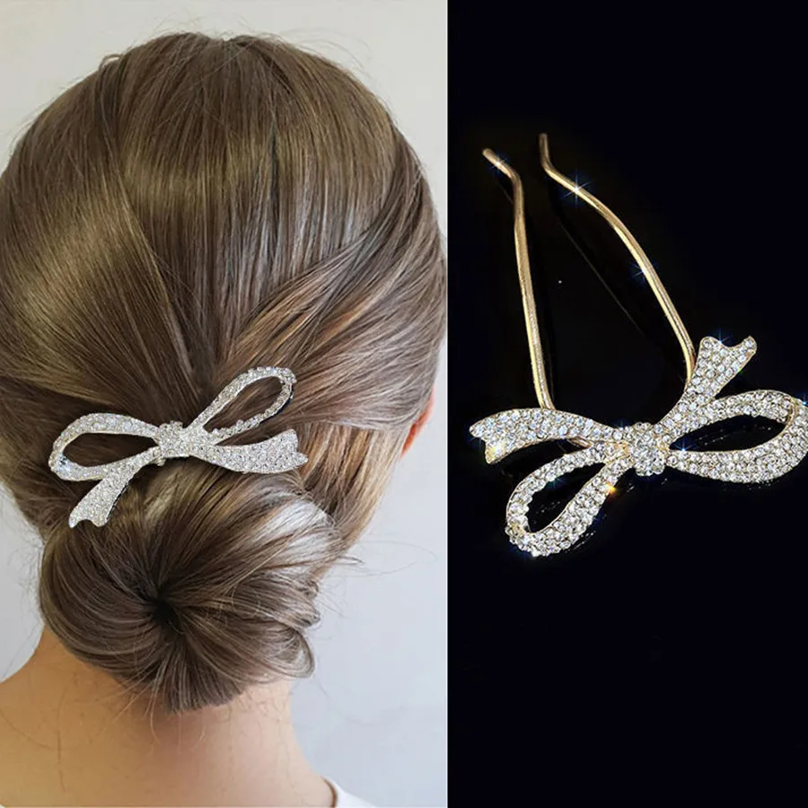 Fashion twig crystal Hair Sticks U Shape Hairpins Metal Barrette Clip Bridal Hair Accessories Wedding Hairstyle Tool hair comb