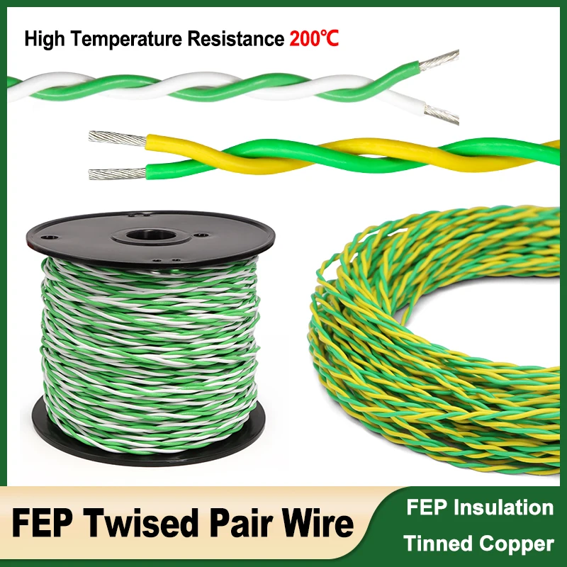 

1~20M FEP Twisted Pair Wire 26/24/22/20/18/17/15/13AWG 2pins High Temperature Resistance Tinned Copper Cable Yellow Green White