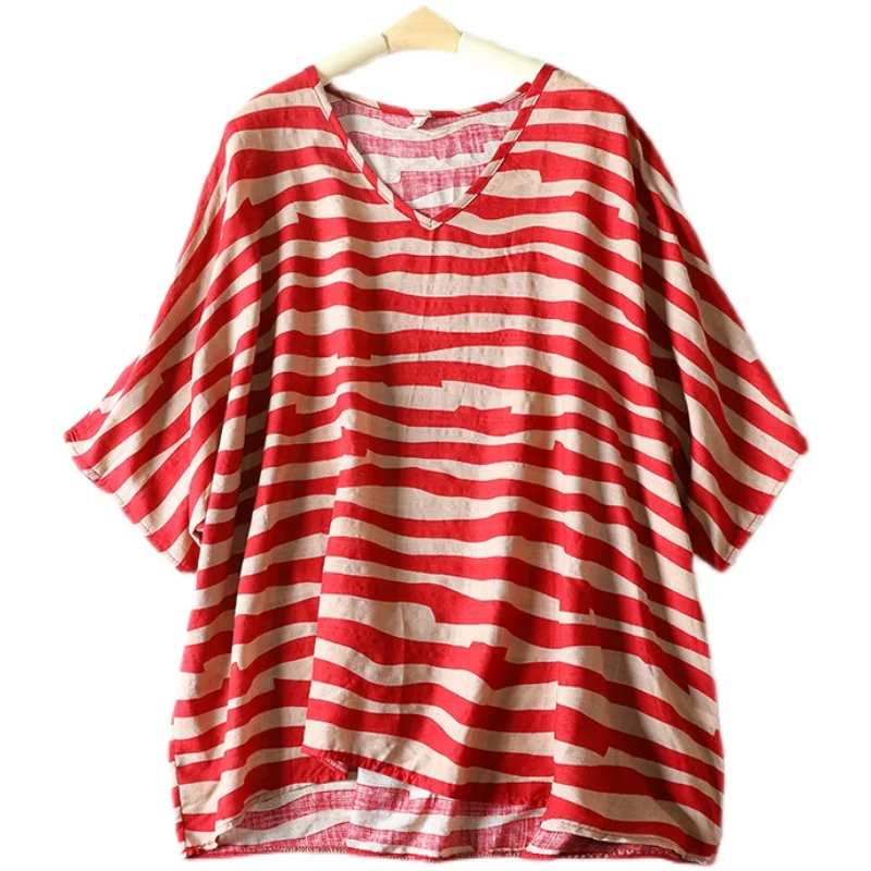 芸術的な大きいサイズの女性用コットンリネンTシャツVネバットウィングSve非対称サマートップカジュアル通勤Sleスリムフィット