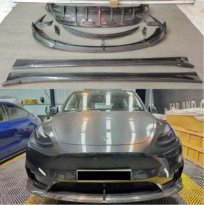 For Tesla Model Y 2020-2023 Real Carbon Fiber Front Bumper Lip Air Knife Rear Diffuser Spoiler Side Skirt Kber Body Kit