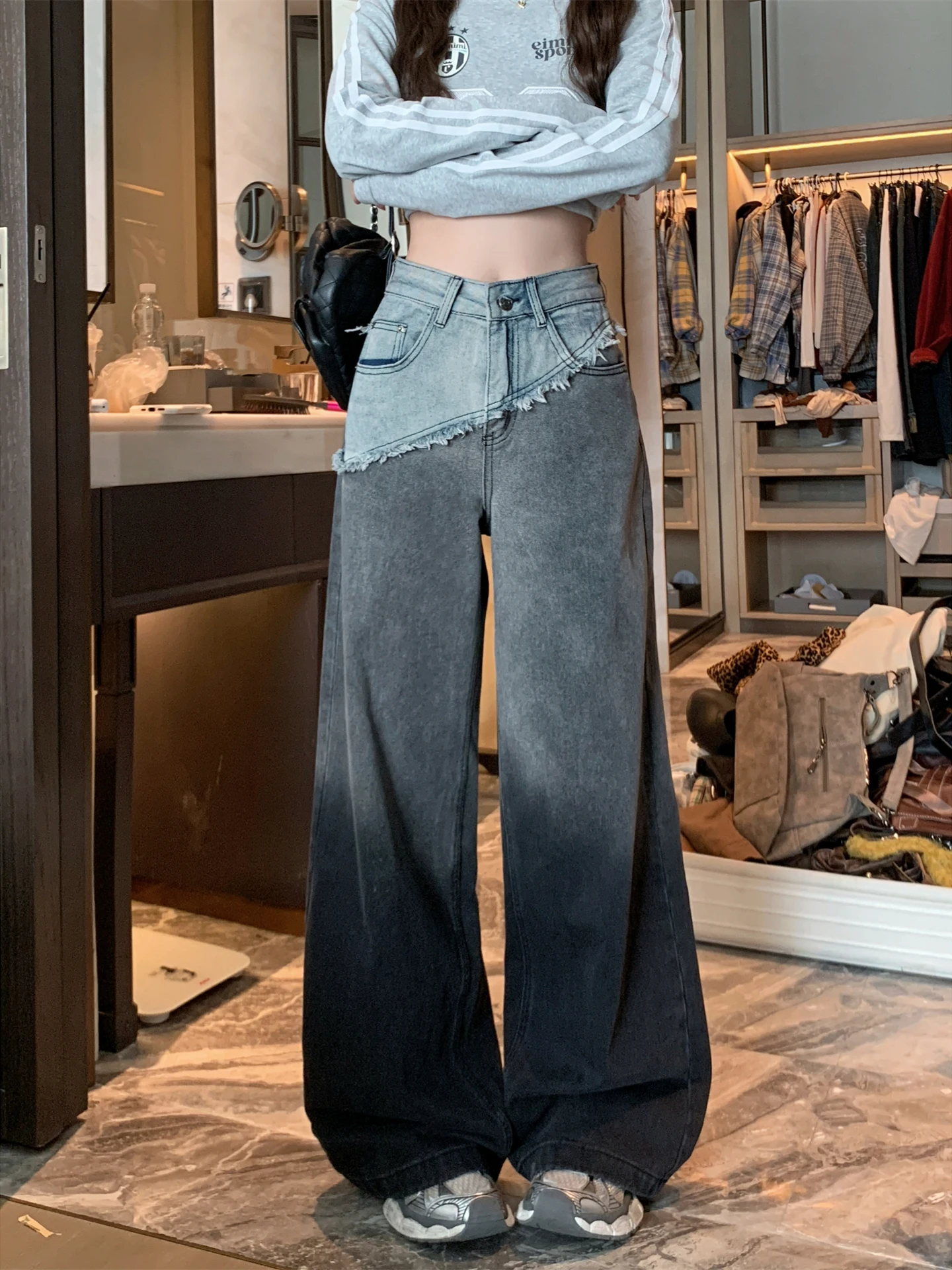 

Faionable Contrast Color plus Size Jeans Loose Wide Leg Floor Length Pants High Waist Straight Cut Vintage Sle for plus S...