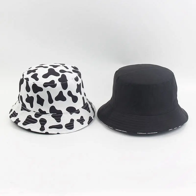 Cow Reversible Black White Cow Panda Zebra Pattern Bucket Hats Fisherman Caps for Women Summer Double Side Bonnet Hat for Women