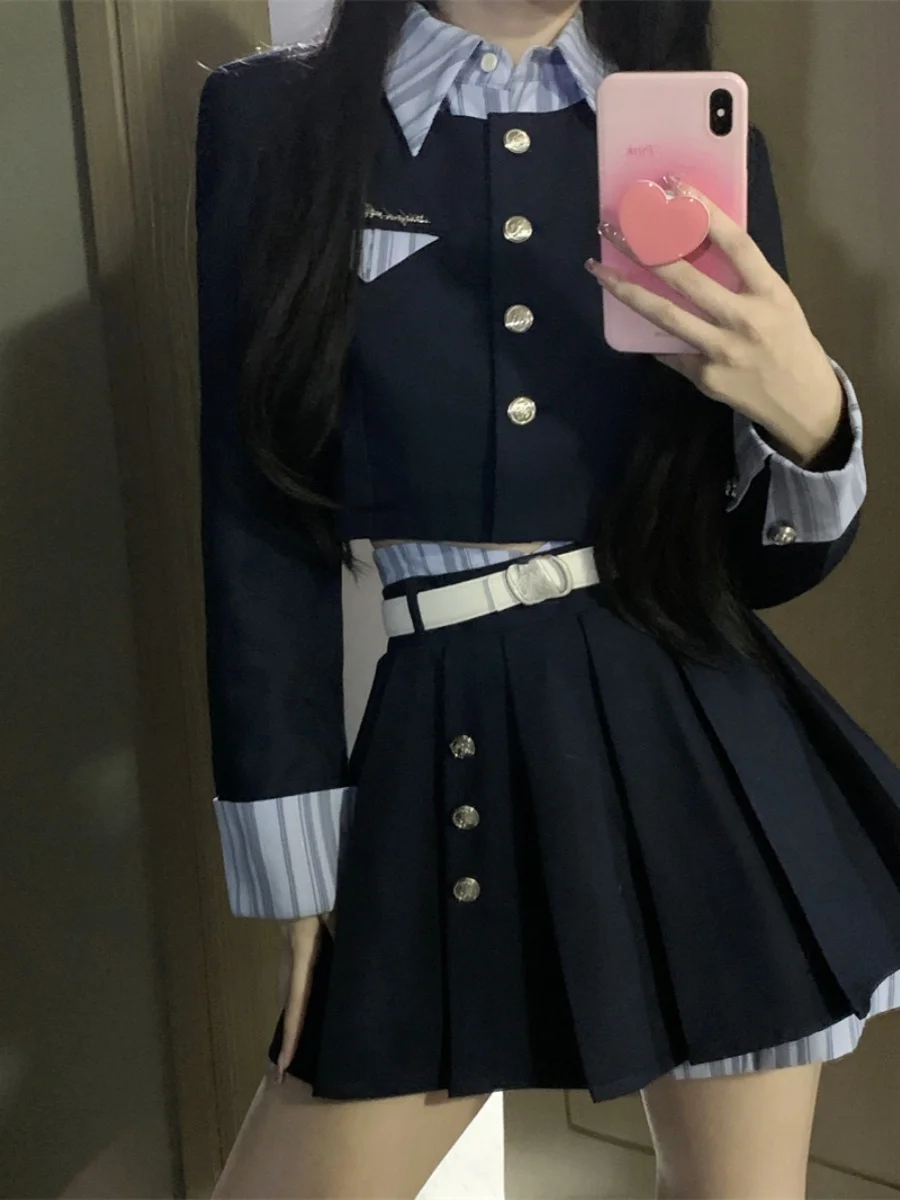 

American Vintage Preppy Style Casual Two Piece Sets Striped Patchwork Turn-down Collar Long Sleeve Top Sweet Pleated Skirts Suit