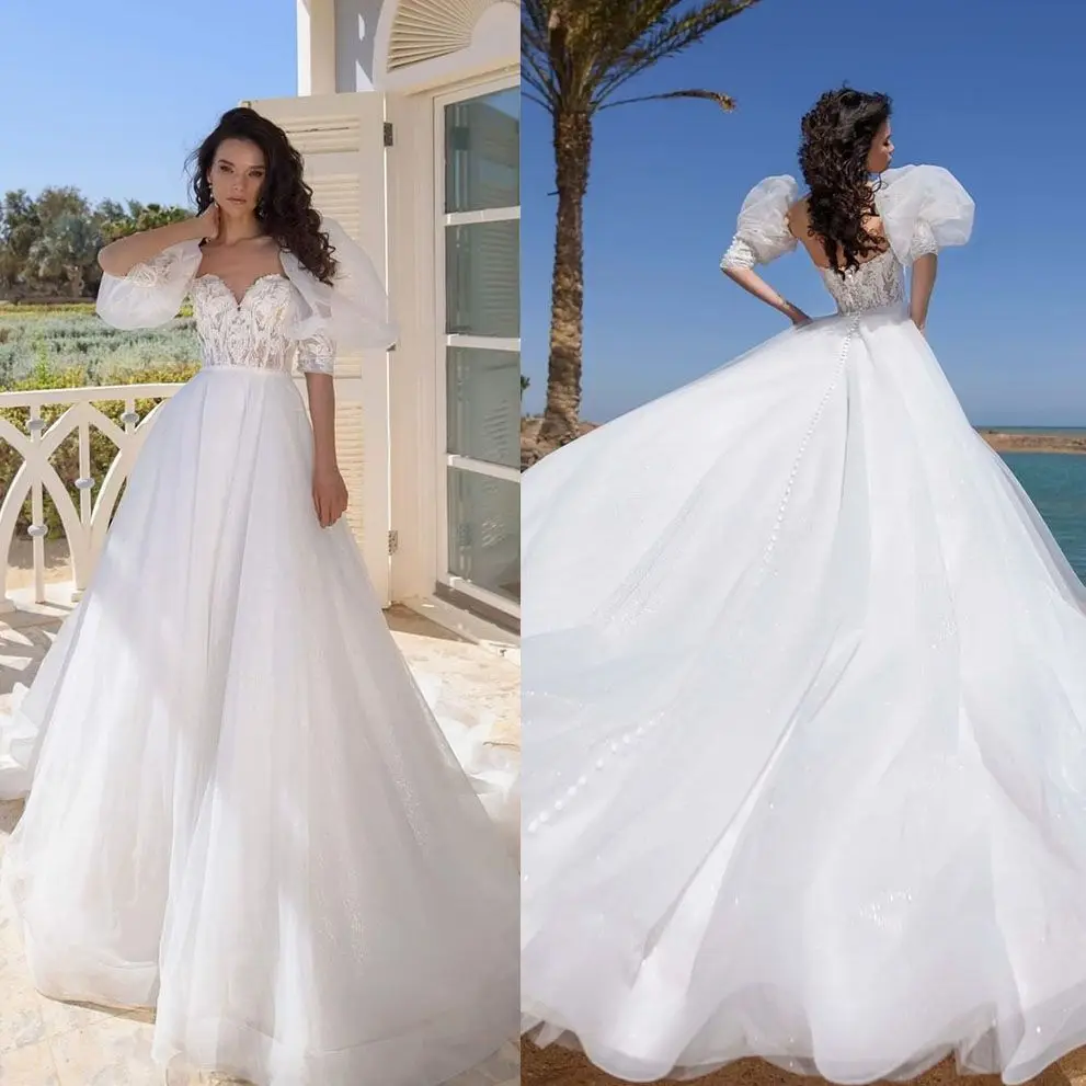 

Elegant Beach Puffy A Line Wedding Dress Sweetheart Lantern Sleeve Bridal Gowns Floor Length Custom Made Plus Size Dresses