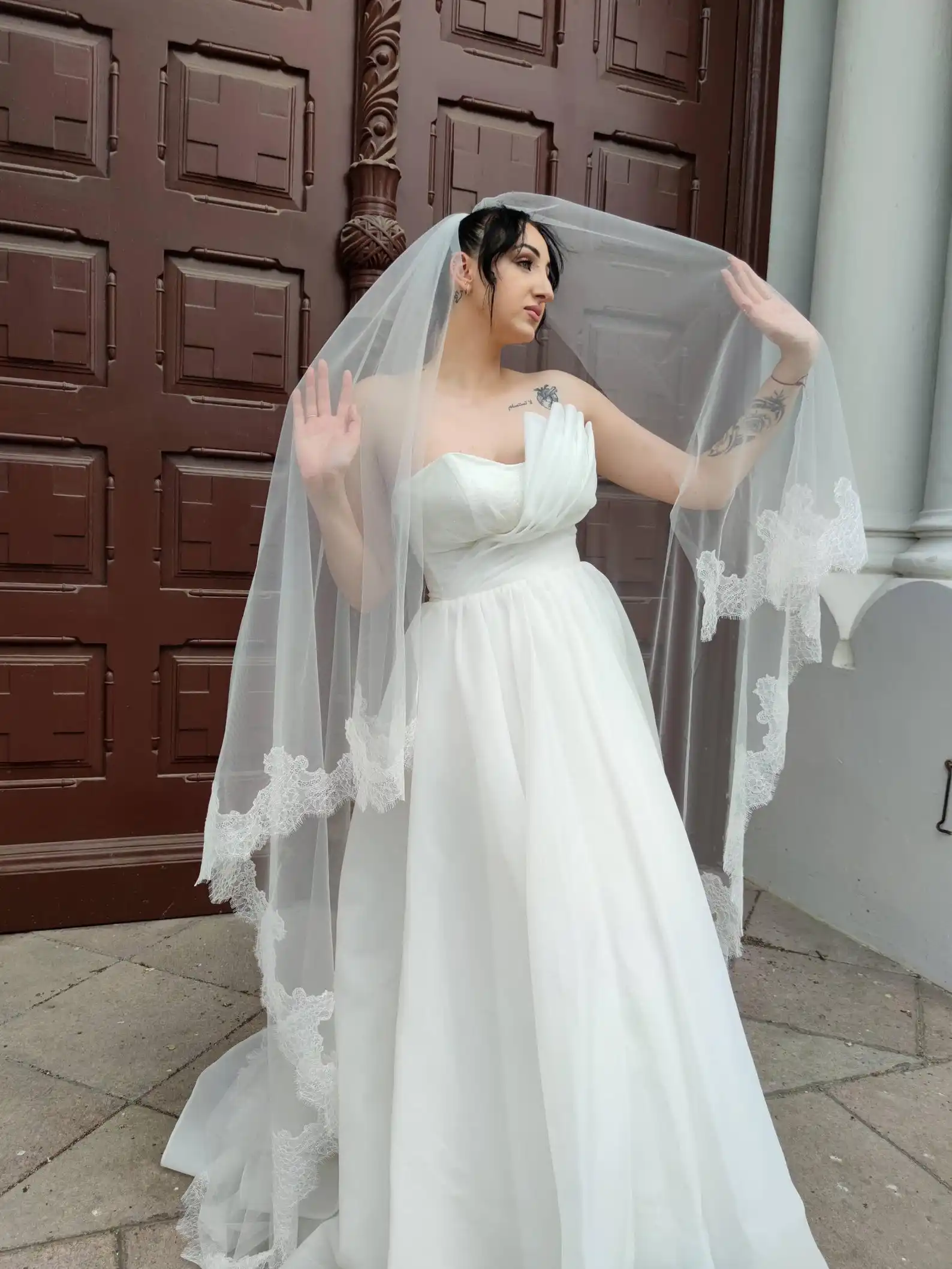 Chantilly Lace Trim Bridal Veil Cathedral Length Dramatic Lace Wedding Veil Extra Wide Ivory Soft Mantila style