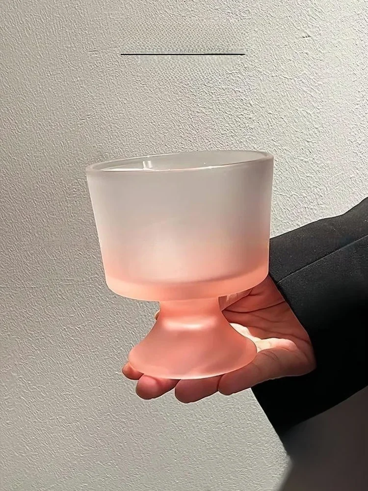 Creative Pink Frosted High Footed Glass Cup Dessert Coffee Cup for Home Use Vietri Mare Non-Brand Irregular Shape Cup