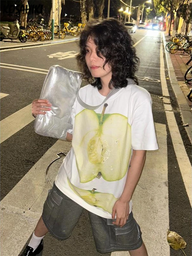 

Y2k Aesthetic Green Apple Printing Grunge Vintage T-shirt Summer White Grunge Streetwear Tops Harajuku Oversized Casual Tshirts
