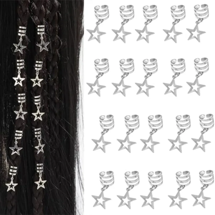 

20Pcs Hollow Star Hair Clips Hair Jewelry Rings and Cuffs for Braids, Dreadlocks Boho Hair Accessories for Women Festival Braid
