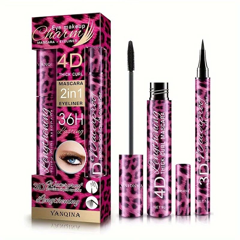 Wodoodporny tusz do rzęs 4D z włóknami i czarny eyeliner w pisaku 2 w 1, zestaw dla objętościowych, długich rzęs, efekt dużych oczu, makijaż w stylu leoparda.