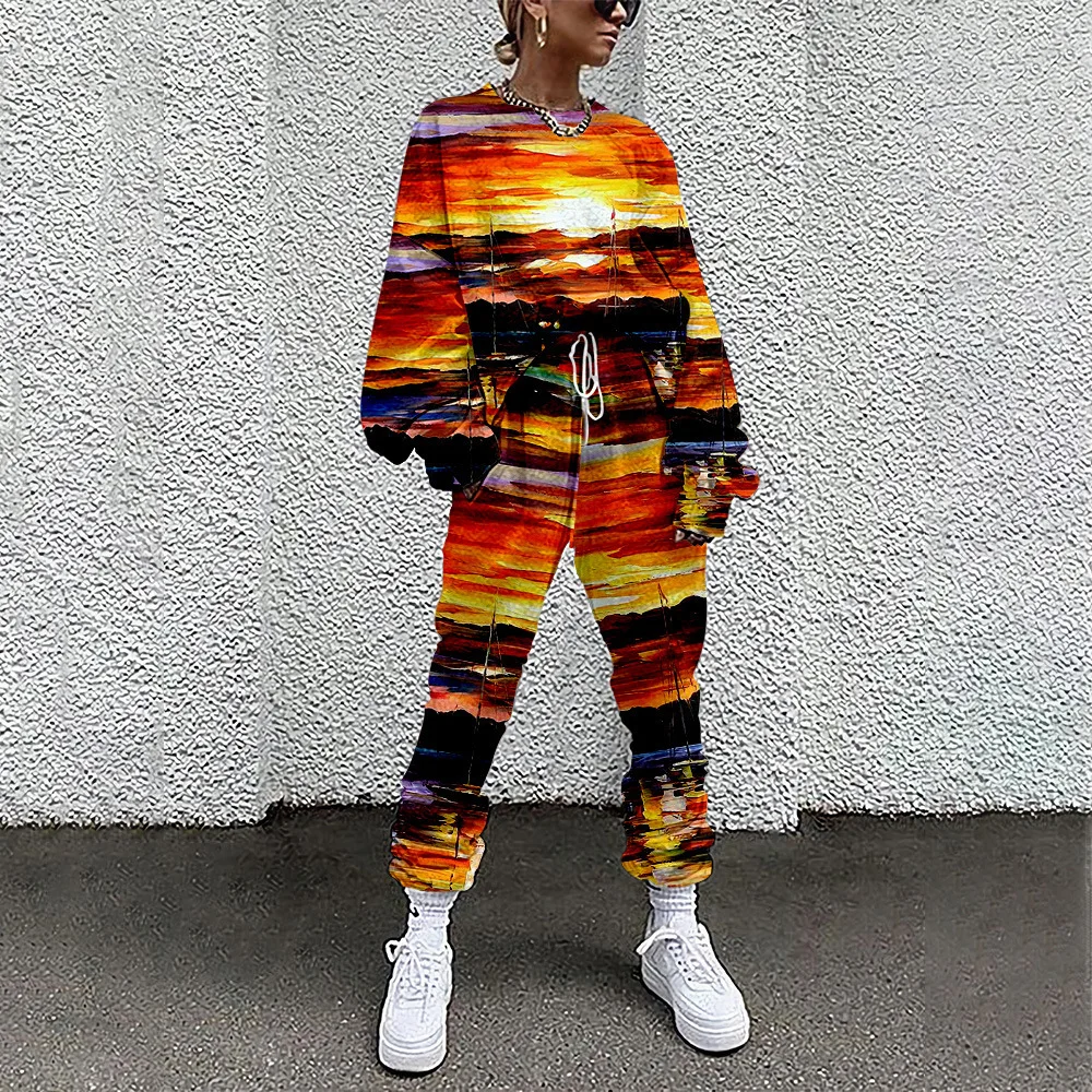 Women's Casual Long Sleeve 3D Print Streetwear Tracksuit Spring Autumn Fashion Jogger Suit Pullover And Pants