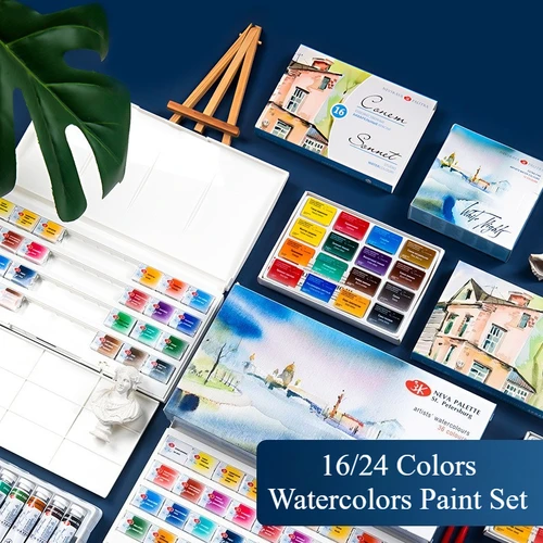 Juego de pintura de acuarelas para artistas, soneto de noches blancas, 16/24 colores, sartenes completas de colores vivos y brillantes, caja de cartón de 2,5 ml para dibujo de estudiantes