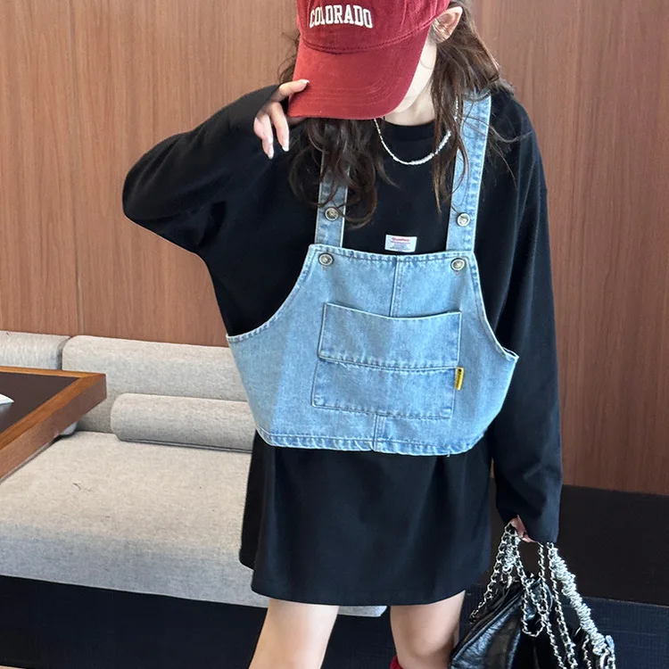 

Autumn School Girls Two-piece Top Outfit Children Girls Simple Solid Color Undershirt Kid Girl Pocket Denim Vest 4-14Y Girl Suit
