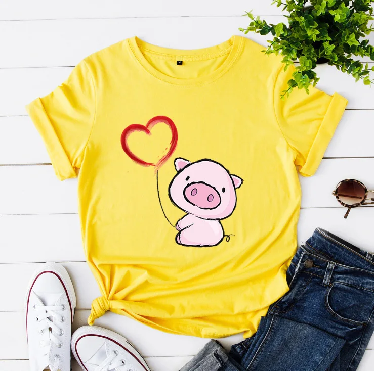 Camiseta con estampado de cerdo y corazón para Mujer, blusa holgada de manga corta con cuello redondo, ropa para Mujer