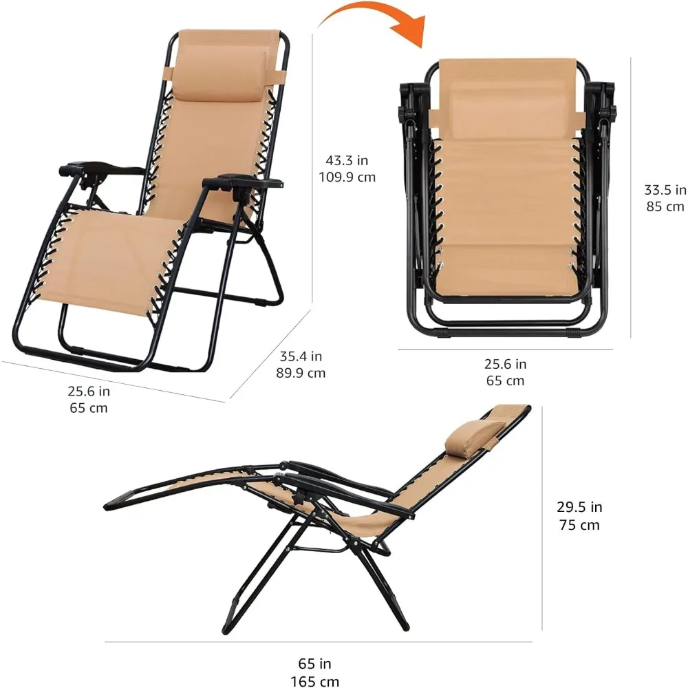 Zero Gravity Lounge Chair with Pillow, Foldable Outdoor Recliner for Patio, Beach, Weather-Resistant, 300 lb Capacity, Beige