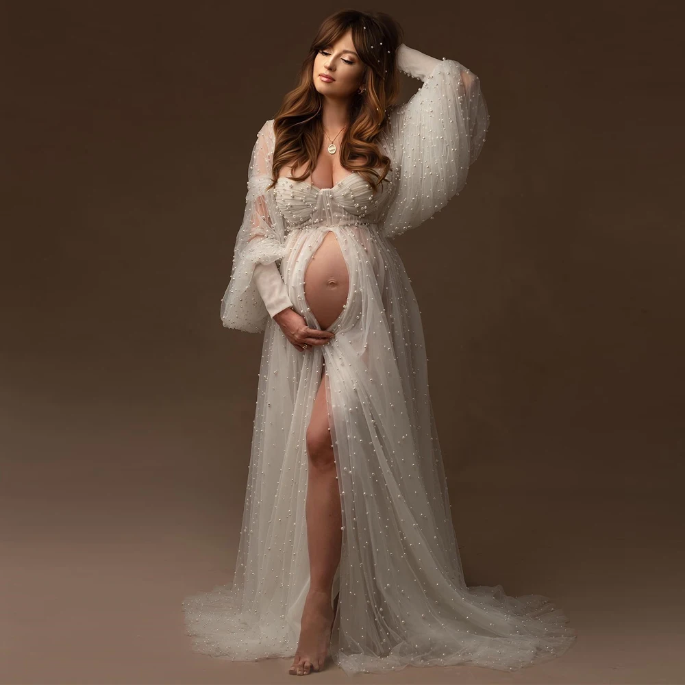 Maternity Photography Props Dress Dense Pearl White Yarn Maternity Photography Clothing Babyshower Gown Photo Shoot Pregnant