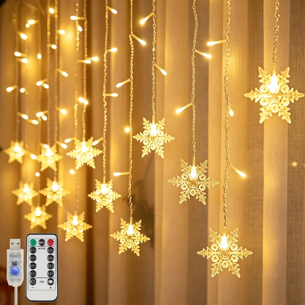 4M 96LED Warm Glow Snowflake Curtain Light String, USB with Remote Control, 8 Lighting Modes, Indoor Christmas Party Decoration