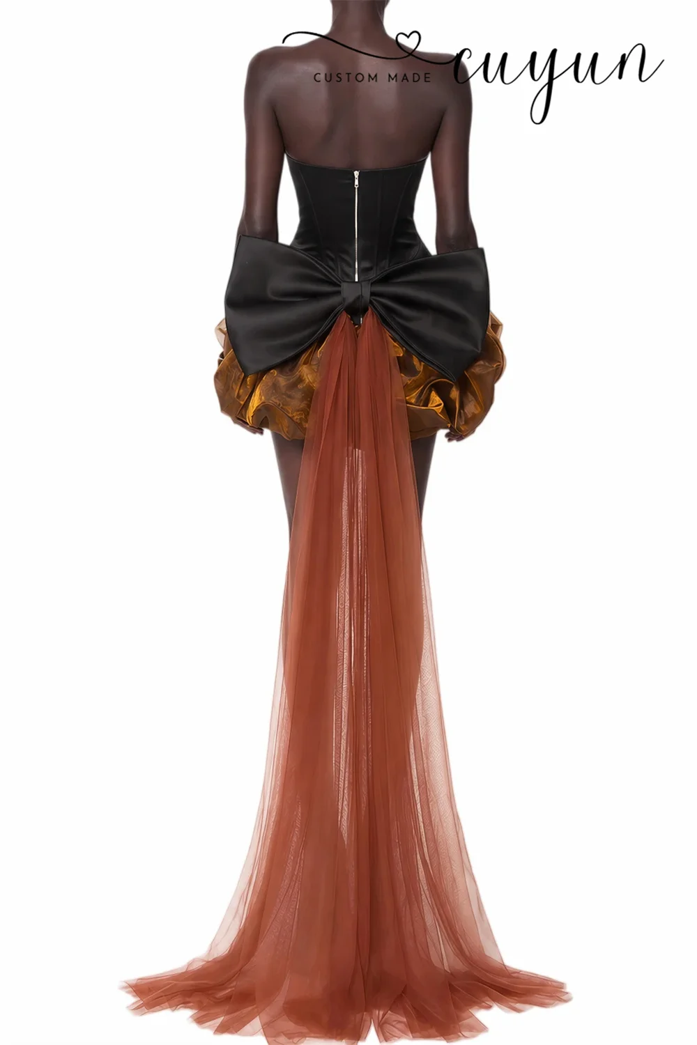 CUYUN Brown Sleeveless Ruched Mini Dress Customized Chic Shell Collar Short Prom Gown Party Dresses with Train Cocktail