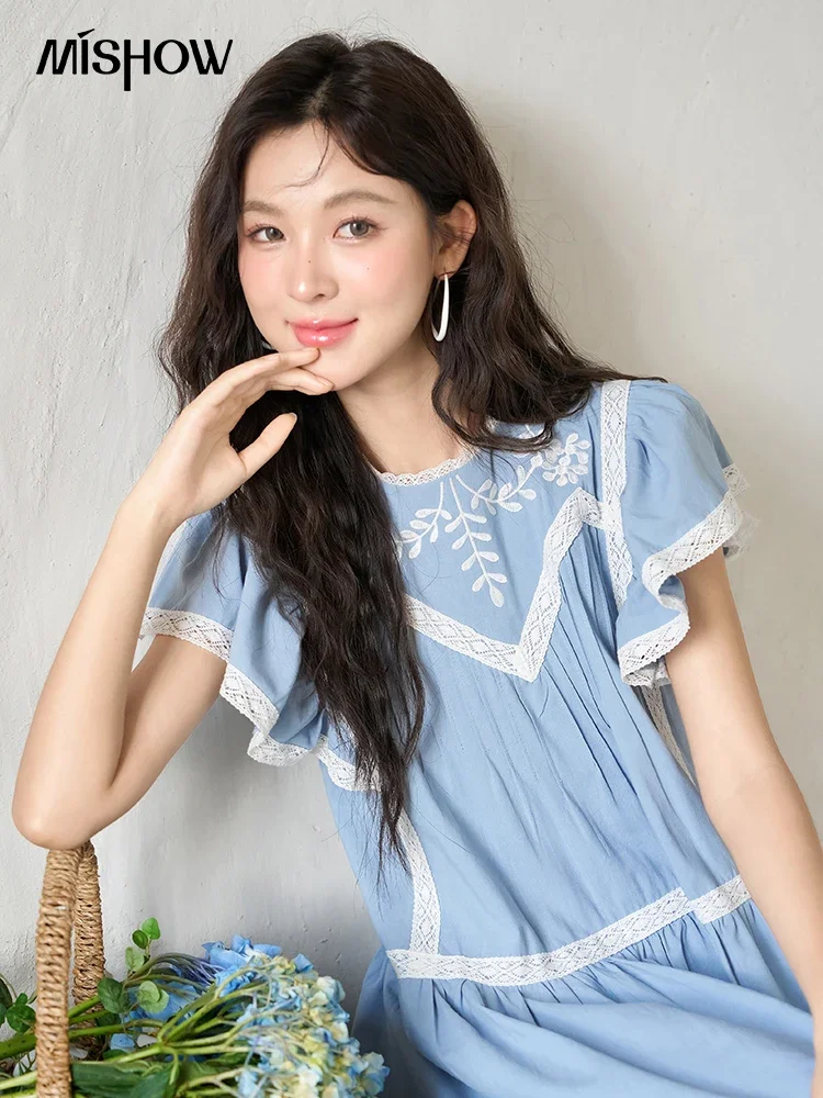 MISHOW Lace Embroidery Dress for Women 2023 Summer Flying Sleeve Contrast Color O Neck Fashion Knee-Length Dresses MXC39L1562