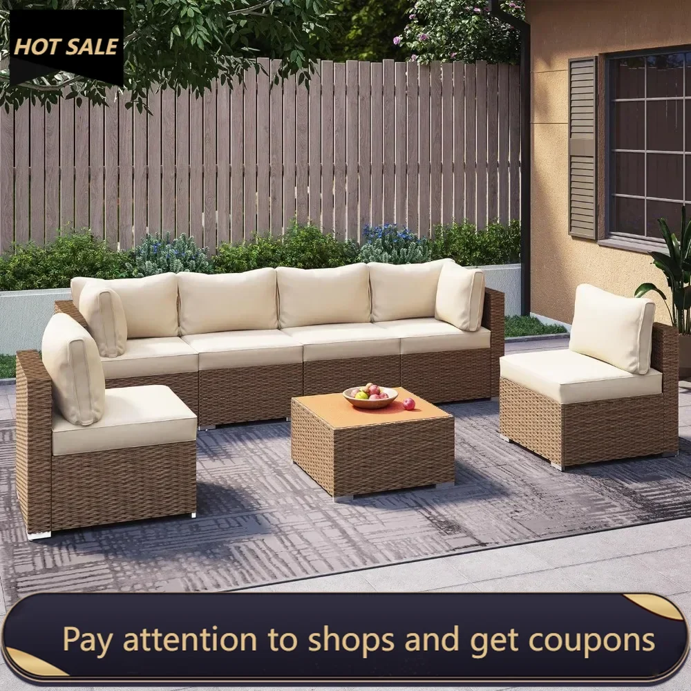 

7 Piece Patio Furniture Set PE Rattan Sectional Conversation Sets With Thick Cushions & Wood-Like Coffee Table for Garden Couch