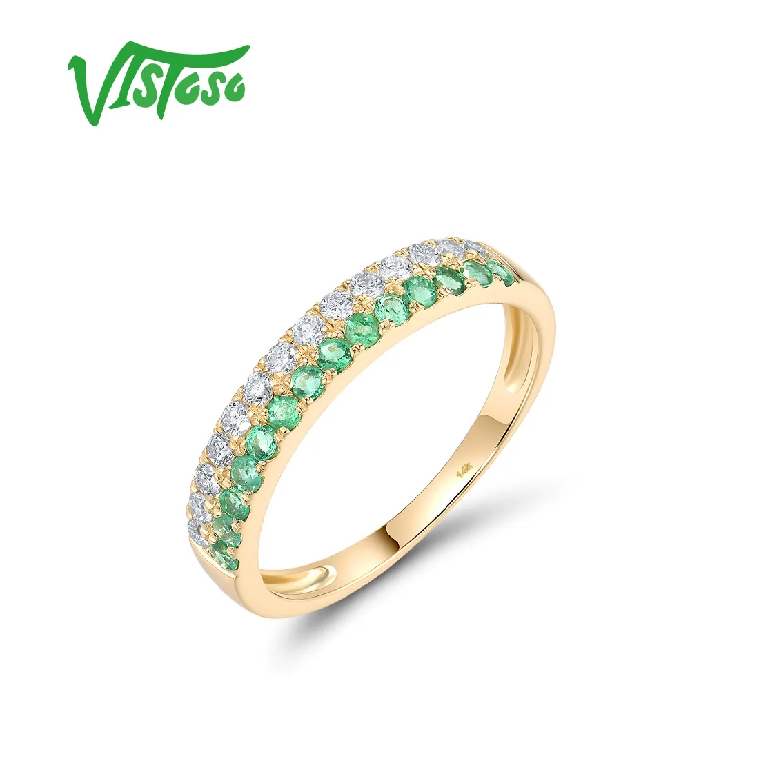 VISTOSO Real 14K 585 Yellow Gold Solitaire Ring For Women Sparkling Diamond Emerald Delicate Wedding Engagement Fine Jewelry