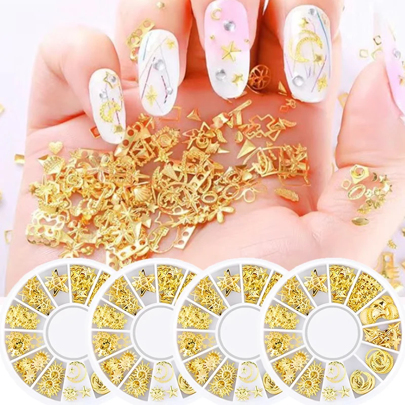 Hohl geformte Nagel kunst kleine runde Box Metall nieten Nail Art Dekorationen Gold 3d Stern Mond Nägel Charms Zubehör DIY Lieferungen