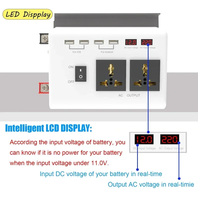 Imagem -05 - Inversor de Exibição Dupla Lcd Inteligente Usb Conversor de Carro de Carregamento Rápido Inversor de Energia de Onda Senoidal Modificada 12v a 110v 220v 300w