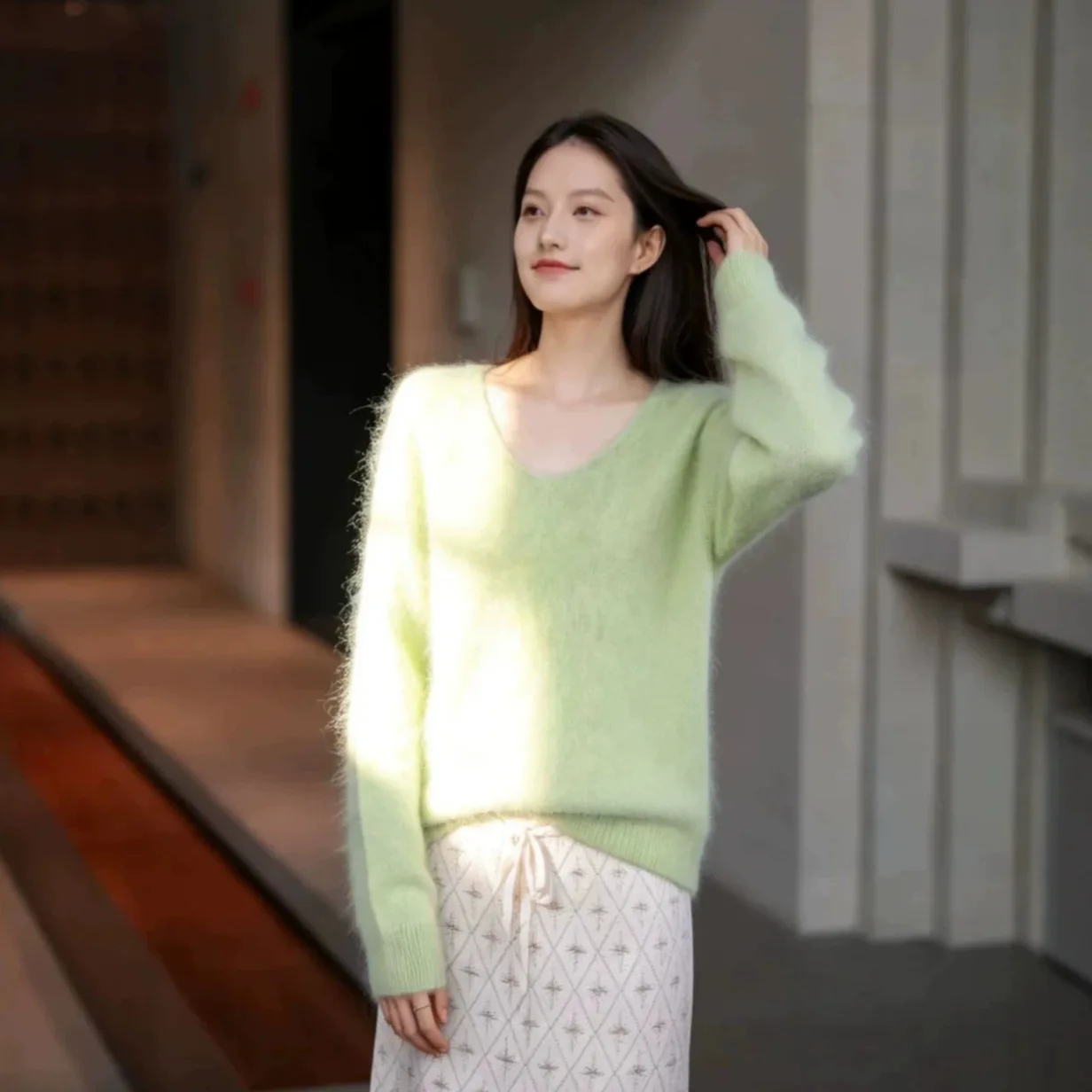 Cross border 5 mulberry silk 10 cashmere 85 wool cashmere fleece sweater fleece women's sweater loose base