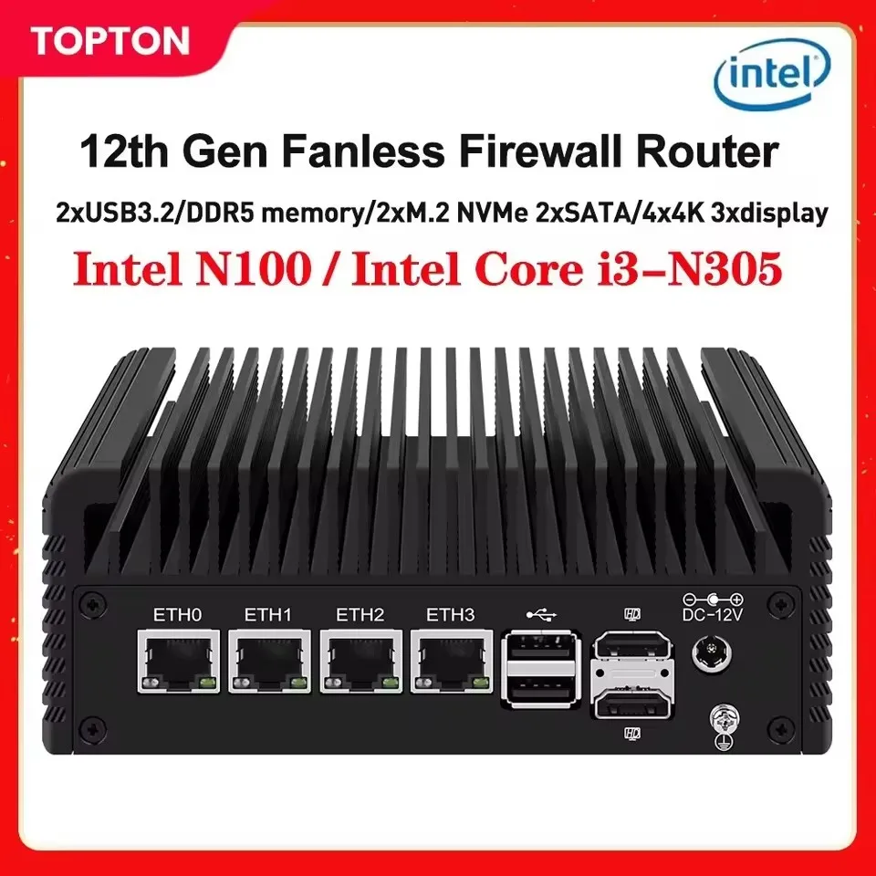 2025 Firewall Router Intel i3 N355 N305 N150 N100 4xi226-V 2.5G DDR5 Type-C 6*USB 2*NVMe 2*SATA Fanless Mini PC Proxmox pfSense