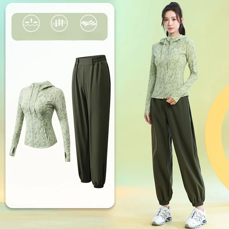 Women's Running Suits Long Sleeve Floral Zip Hoodie Jogger Pants Quick Dry 2 Piece Workout Gym Fitness Sports Training Gear