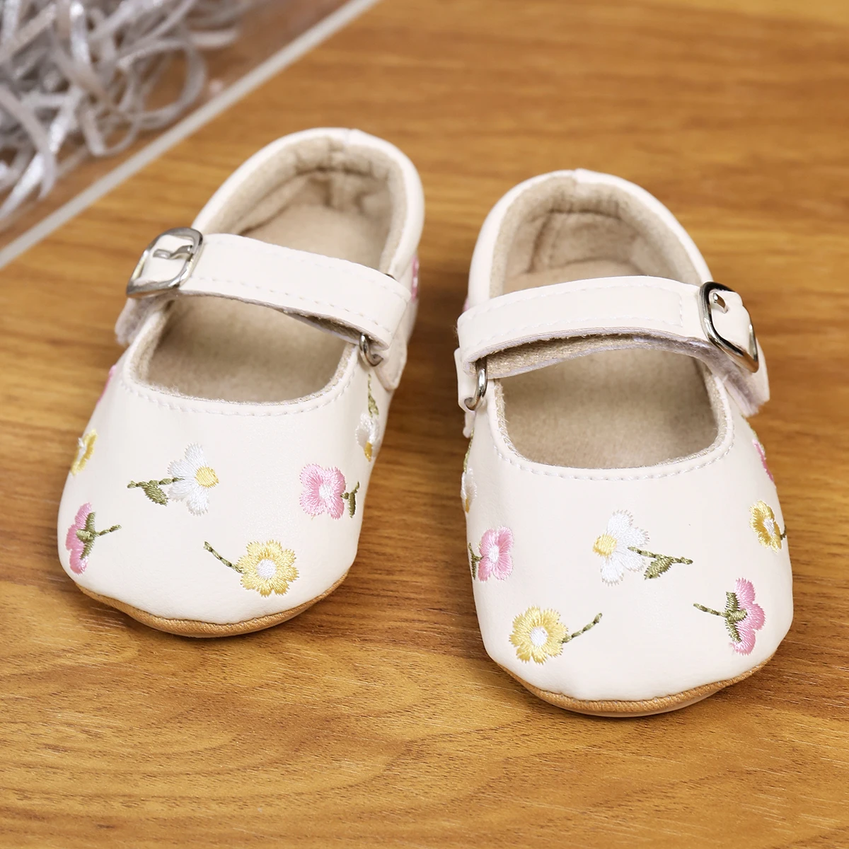 Yibubu Beige Baby Shoes Embroidered Floral Baby Girl Shoes, Mary Jane Flats, Princess Shoes, Non-Slip Rubber Sole Newborn First