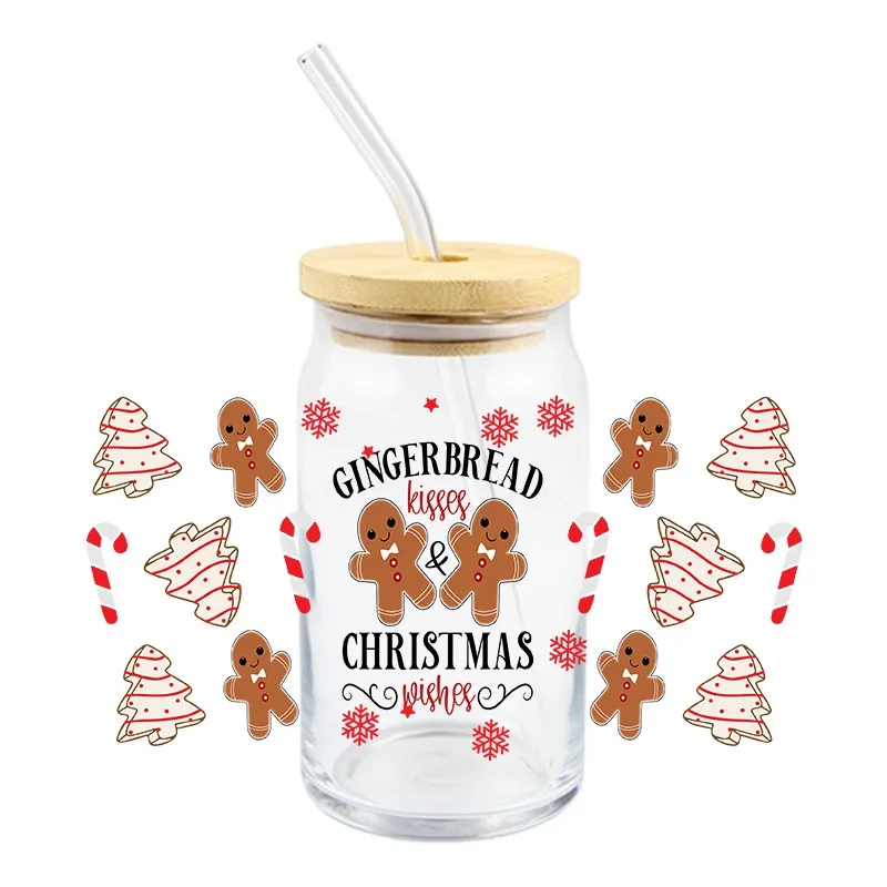 Christmas UV DTF Wrap Transfer Sticker  Gingerbread Man Cartoon Design DTF Wrap For Glasses Cups Bottles Waterproof Decal